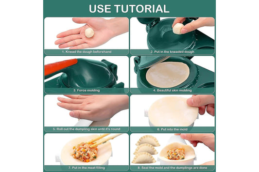 Dumpling maker Step-by-step use tutorial for a dumpling-making tool with hands performing each step.