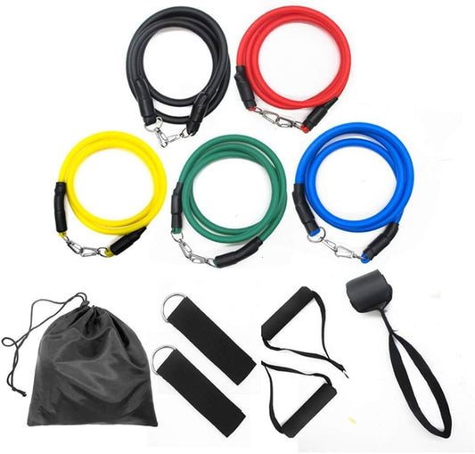 Set of resistance bands in various colors with a carrying bag on a white background