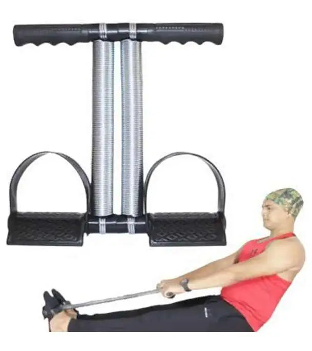 Person using a double spring tummy trimmer trainer on a white background