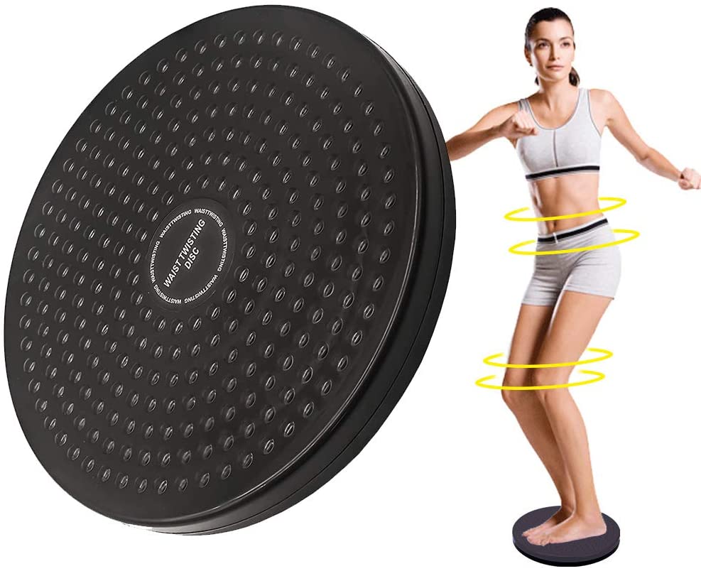 Tummy twister Black exercise disc with a woman using it for core training on a white background