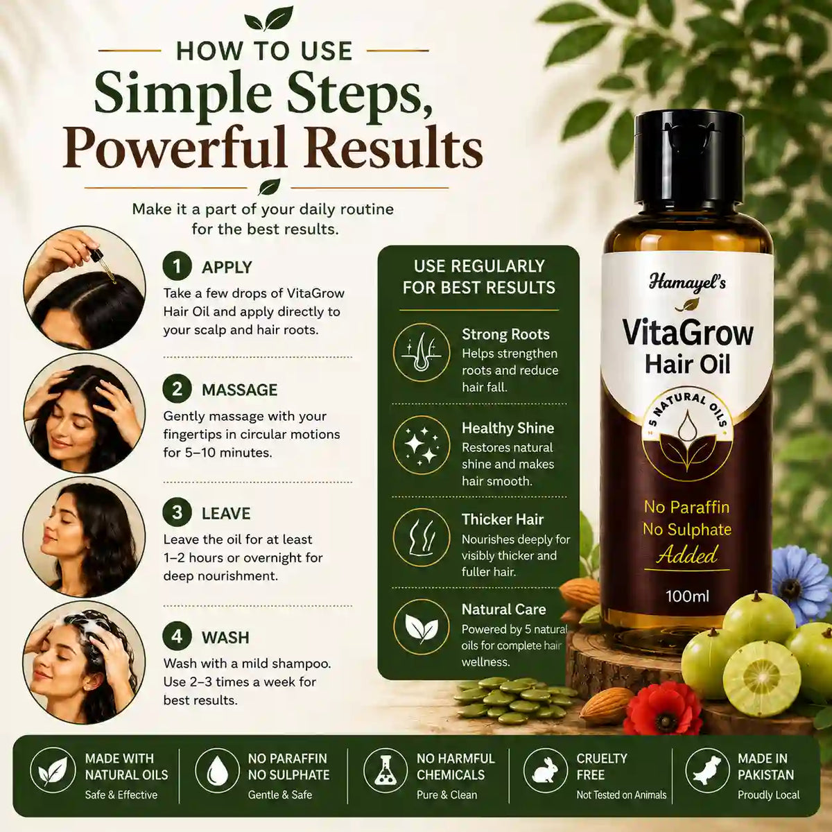 Hamayel's VitaGrow Hair Oil bottle shown on a branded promotional graphic with usage steps, benefits, and ingredient highlights. The bottle is amber glass with a white label and green text, surrounded by hair tools, green leaves, and fruit on a beige background.