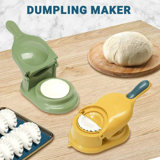Dumpling maker on a wooden surface with dumplings and dough.