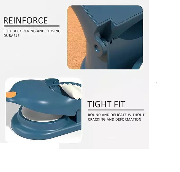Dumpling maker with its properties ,Blue sealing device with text on durability and fit