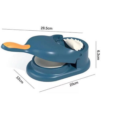 Dumpling maker Blue kitchen tool  for momos making with measurements on a white background