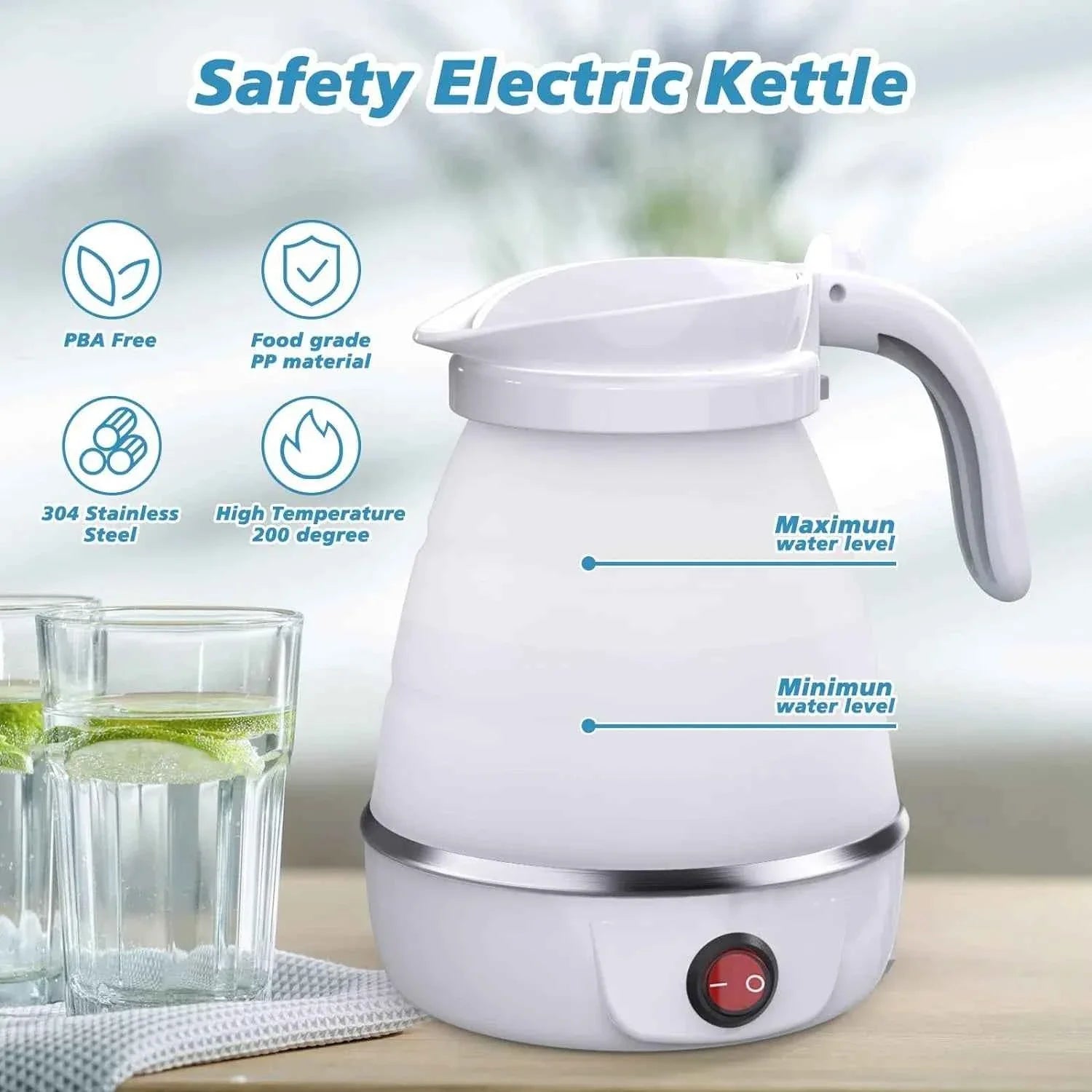 Safety Electric Kettle with features listed on a blurred background