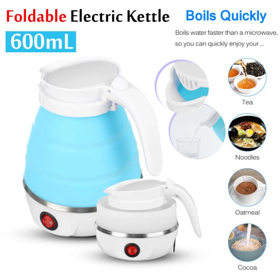 Foldable electric kettle with blue body and white lid with examplery products , which can be made from it ,on a white background