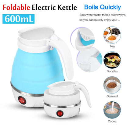 Foldable electric kettle with blue body and white lid with examplery products , which can be made from it ,on a white background