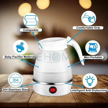 Collapsible/foldable  electric kettle with features highlighted on a wooden surface