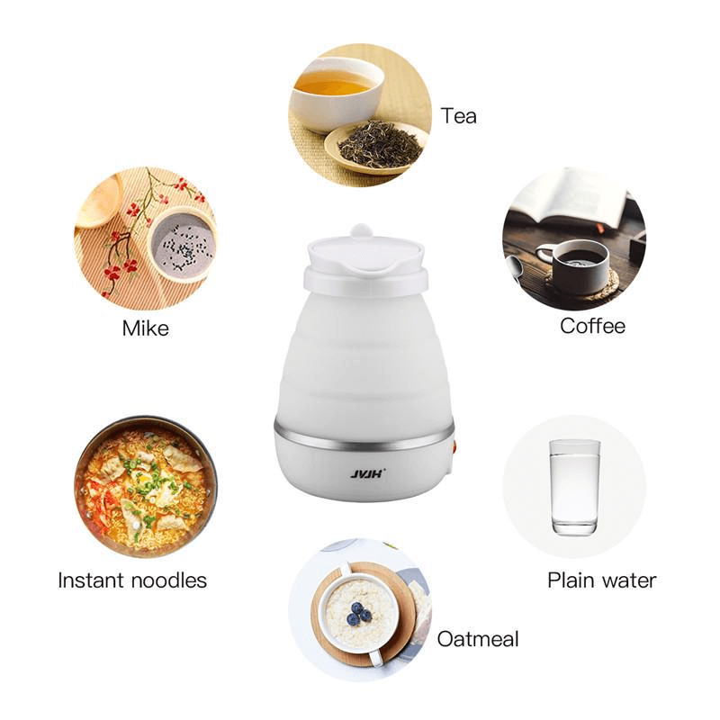 White electric kettle with various food and drink icons around it on a white background