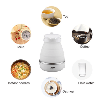 White electric kettle with various food and drink icons around it on a white background