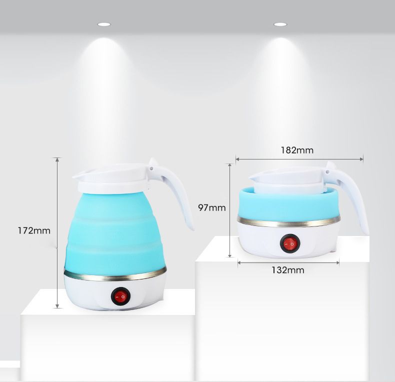 Two blue and white electric kettles with measurements on a light gray background