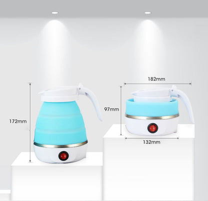 Two blue and white electric kettles with measurements on a light gray background