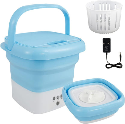 Blue portable washing machine with accessories on a white background