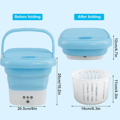 Collapsible laundry basket shown before and after folding with measurements on a light blue background.