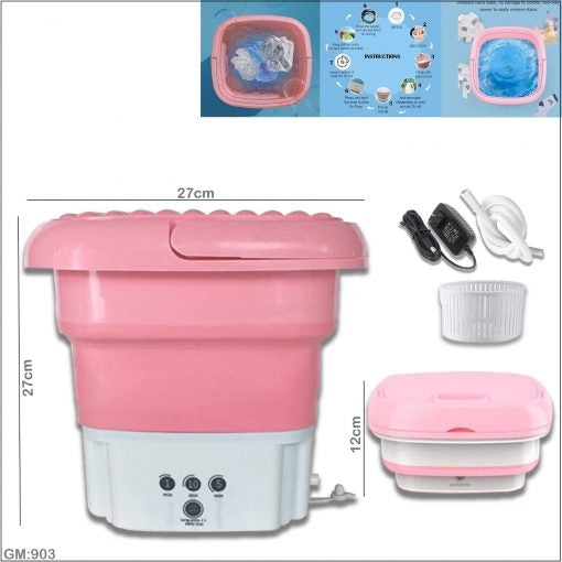 Pink mini/foldable washing machine with dimensions, accessories, and instructions displayed.