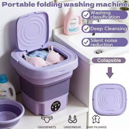 Purple portable folding washing machine with laundry inside and three properties, placed on a white surface.