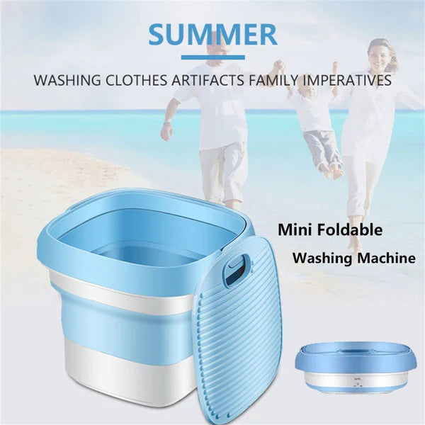 Mini foldable washing machine with beach background and text about summer washing clothes.