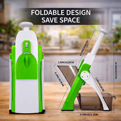 Green and white foldable kitchen tool named vegetable chopper/slice/cutter on a wooden surface with measurements displayed.