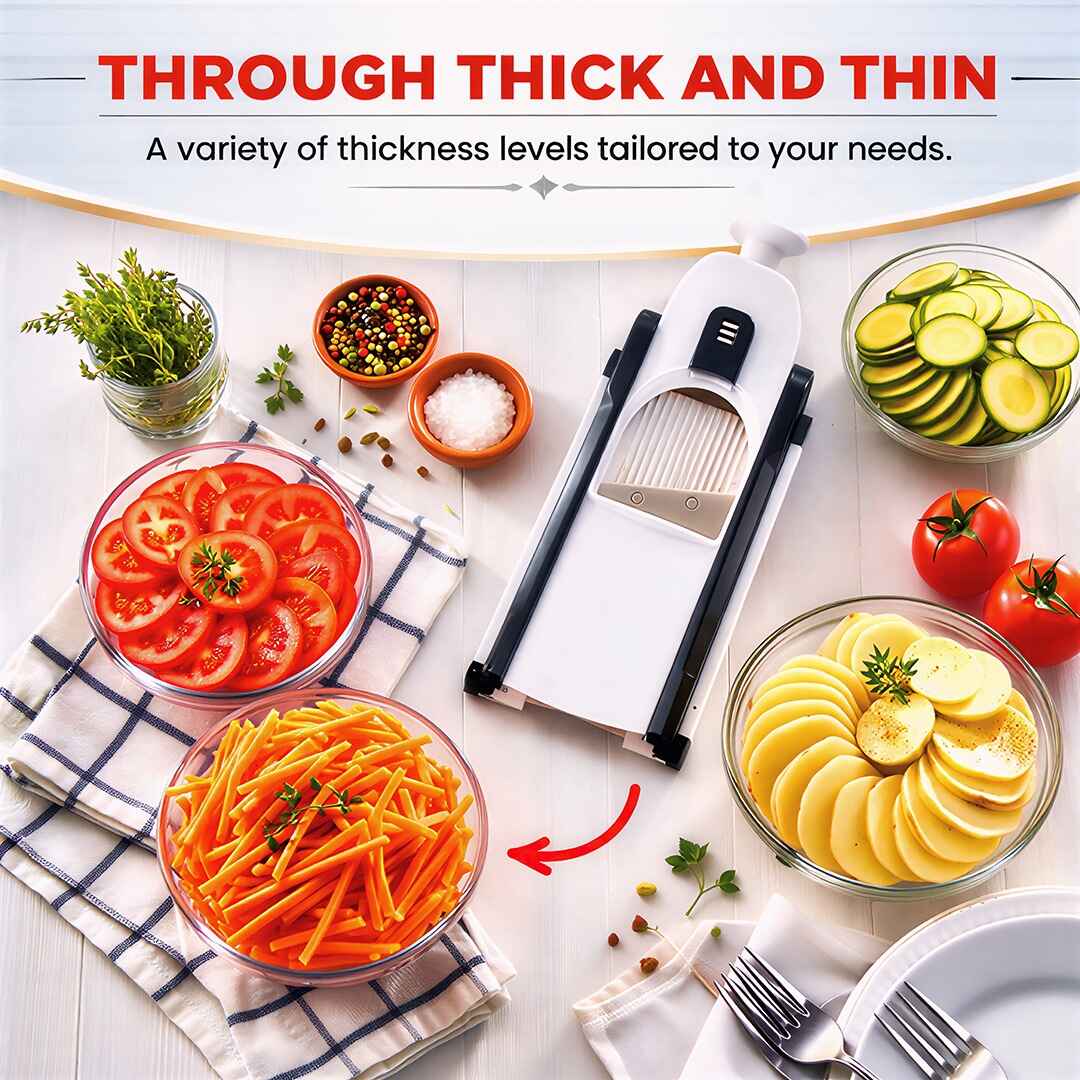 Vegetable slicer with sliced vegetables on a table