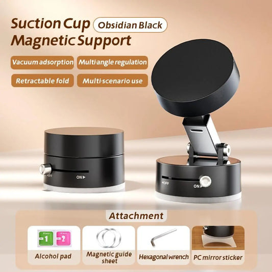 Suction cup magnetic support with features listed on a beige background