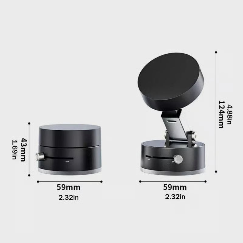 Black cylindrical device with dimensions indicated on a white background