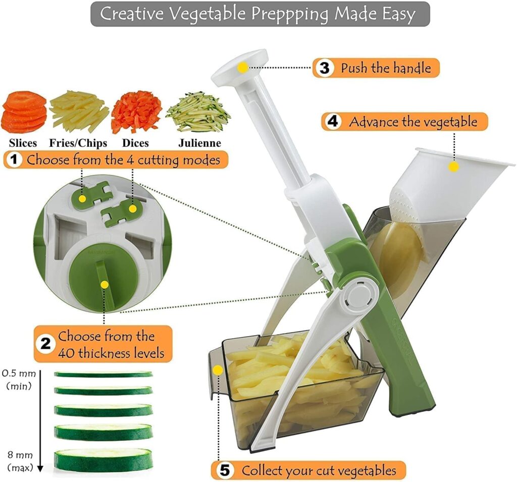 Vegetable chopper with cutting modes, thickness settings and labeling on a white background