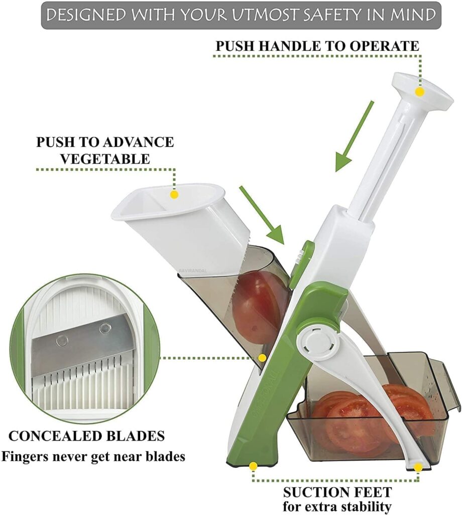 Vegetable chopper with features and labeling highlighted on a white background