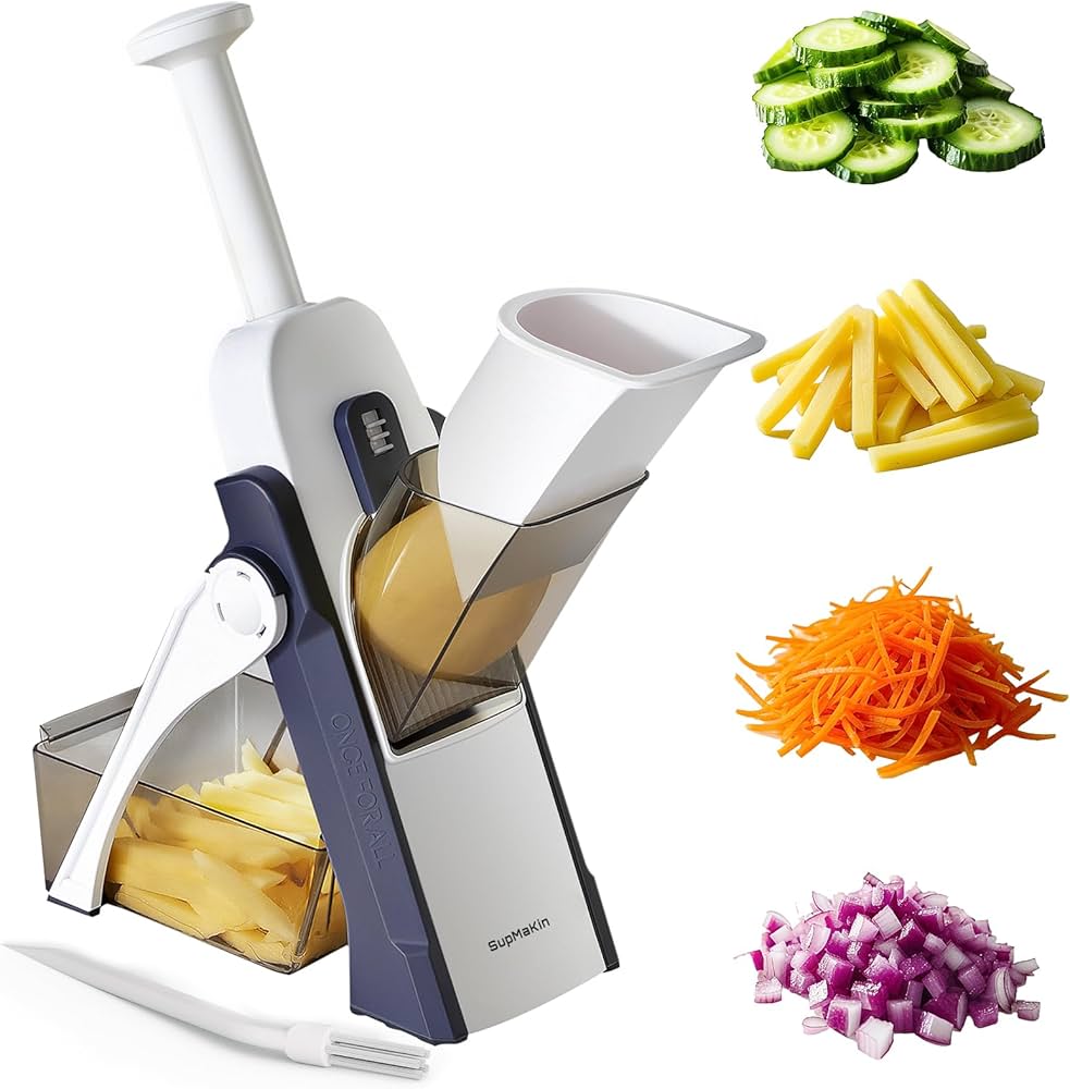 Multifunctional vegetable chopper with sliced vegetables on a white background