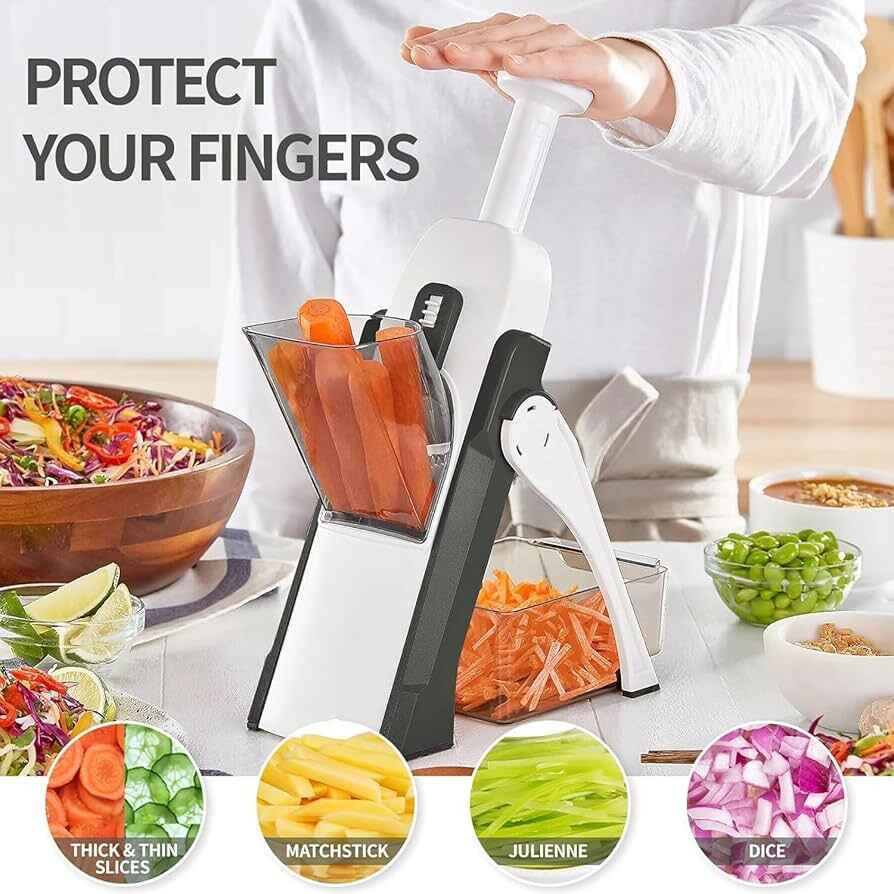 Vegetable chopper with different cutting options displayed on a kitchen counter.
