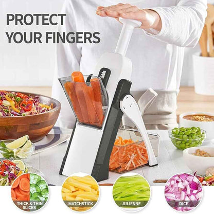 Vegetable chopper with different cutting options displayed on a kitchen counter.