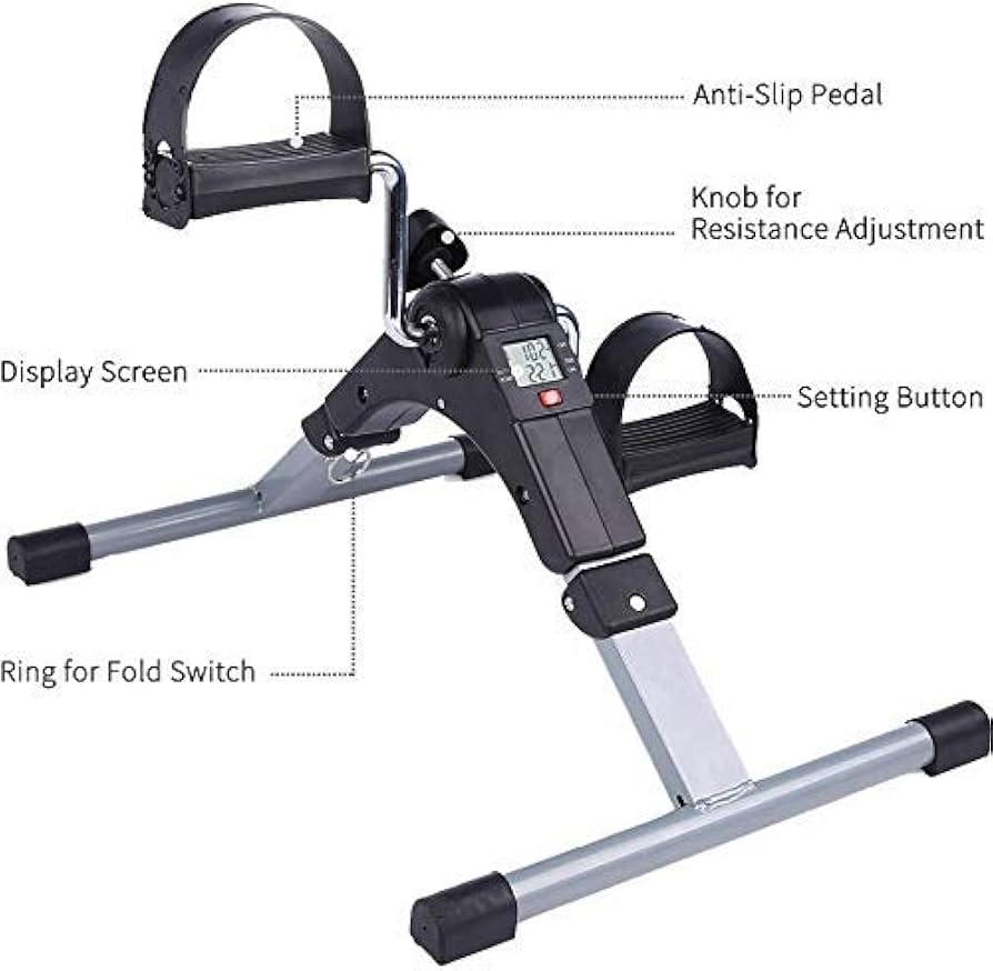 Mini exercise bike with labeled parts on a white background