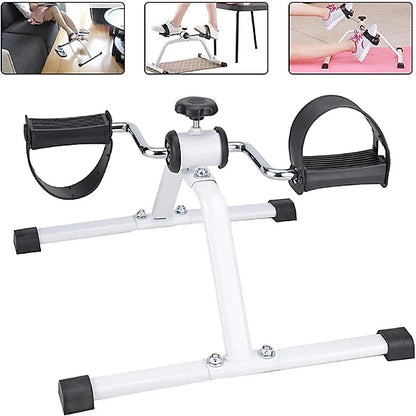 White exercise bike with black handles on a white background