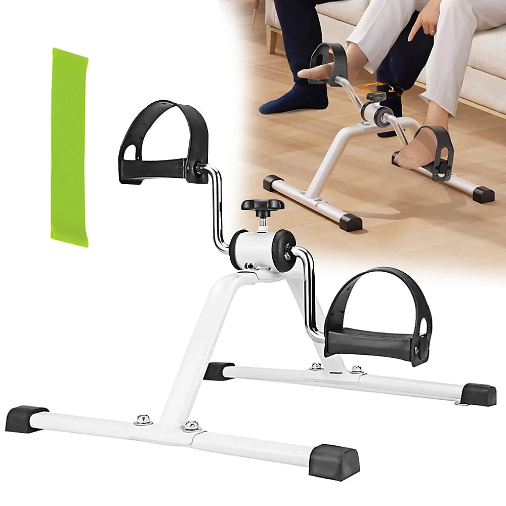 White and black exercise bike with inset showing a person using it.