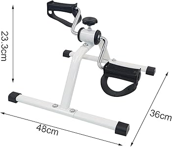 White exercise bike with black handles and pedals, shown with dimensions on a white background.