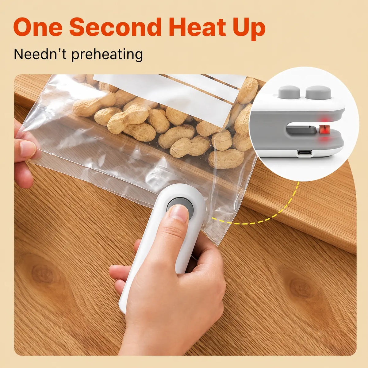 Portable Electric Sealer sealing bag on a wooden table a heated sealer is sealing the plastic bag.