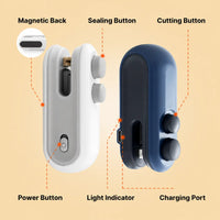 Portable Electric Sealer on a light beige background showing different parts labelled.