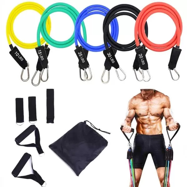 Set of resistance bands in various colors with a person using them, on a white background.