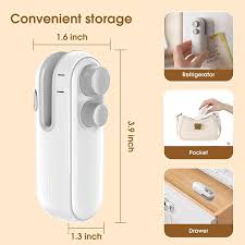 mini rechargable electric sealer and cutter with dimensions and usage scenarios on a beige background