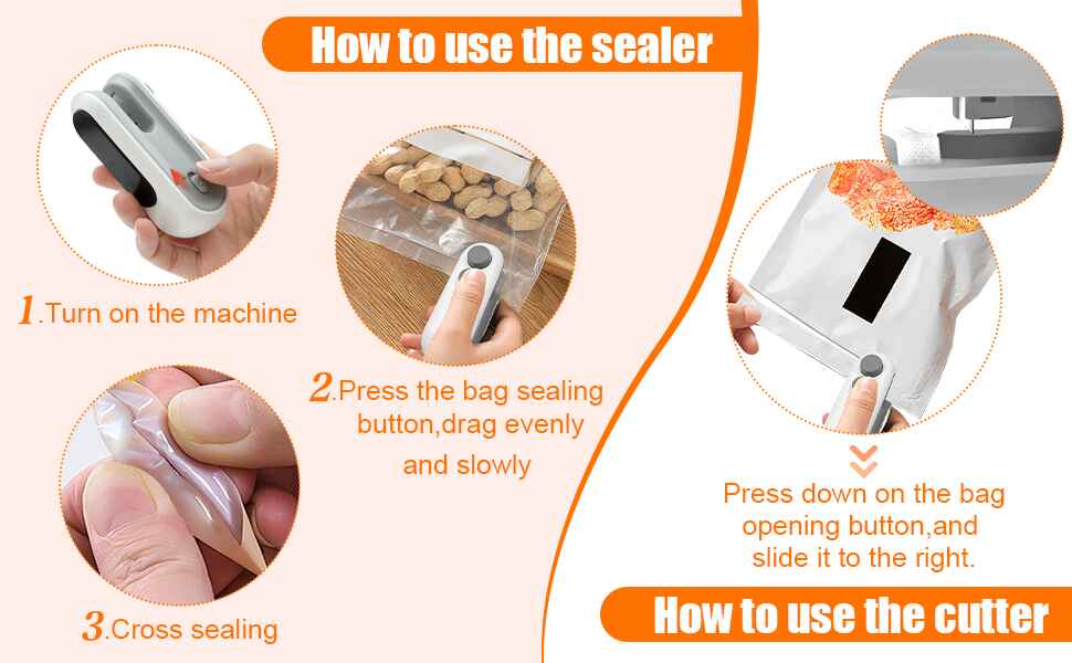Instructions on how to use a sealing machine with step-by-step illustrations and text.