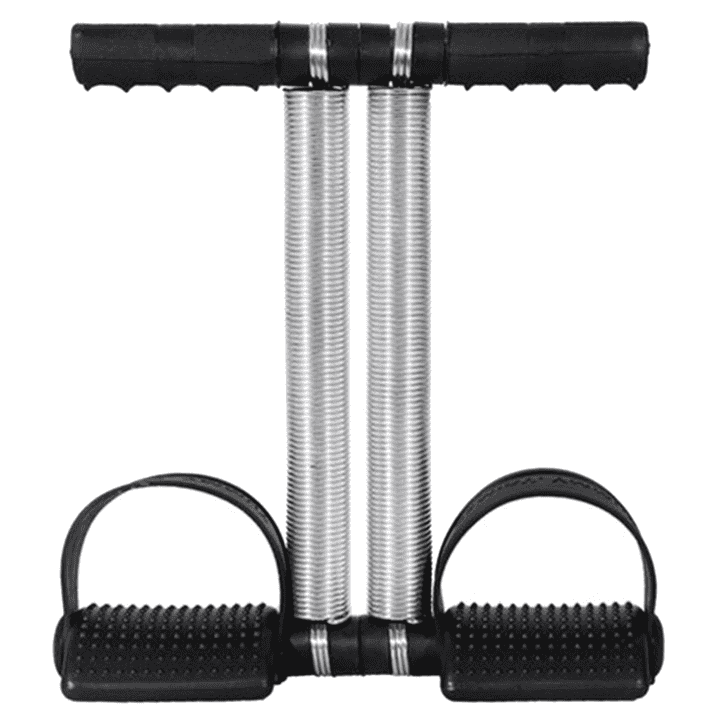 Double spring tummy trimmer belly fat burning exercise tool with two pedals and black handle on a white background