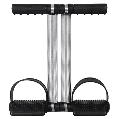 Double spring tummy trimmer belly fat burning exercise tool with two pedals and black handle on a white background