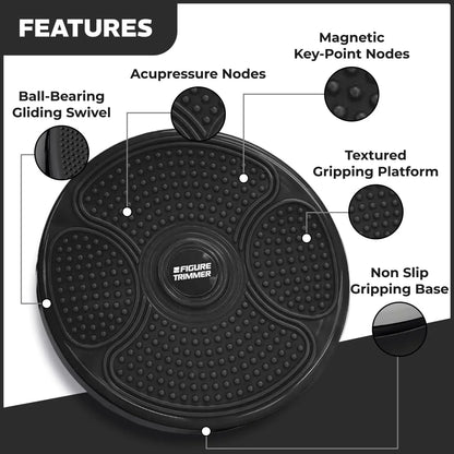Tummy twister Black exercise disc for belly fat removal with labeled features on a white background