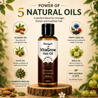 A bottle of Hamayel's VitaGrow Hair Oil centered on a warm beige background with decorative leaves and oil-infused ingredients shown around it. The bottle is amber brown with a black cap and a cream-and-brown label. With a heading "Power of 5 Natural Oils".