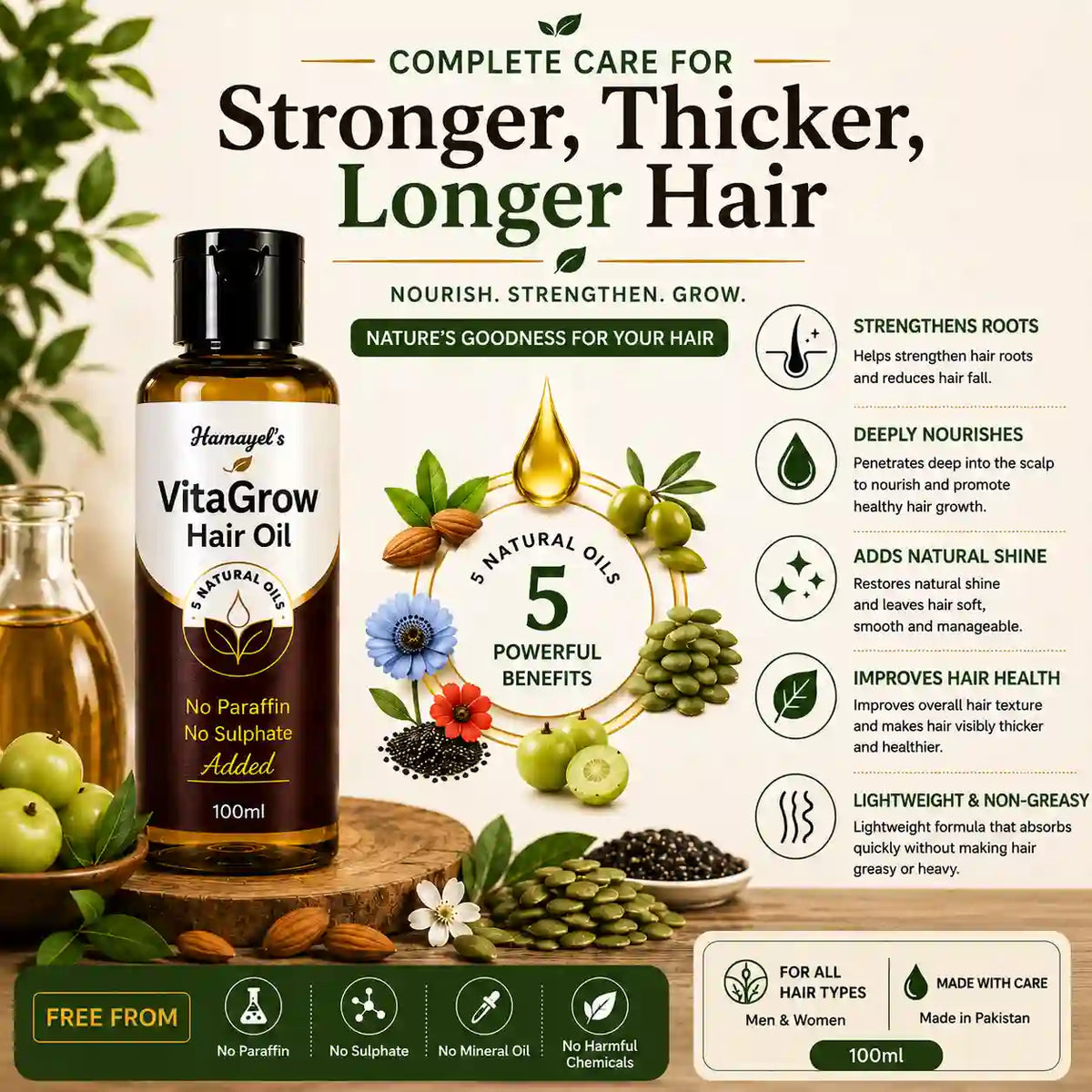 A bottle of Hamayel's VitaGrow Hair Oil is shown on a styled beige background with decorative leaves, almonds, and flowers. The image includes marketing text highlighting benefits for stronger, thicker, longer hair, along with icons indicating natural ingredients and safety.