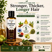 A bottle of Hamayel's VitaGrow Hair Oil is shown on a styled beige background with decorative leaves, almonds, and flowers. The image includes marketing text highlighting benefits for stronger, thicker, longer hair, along with icons indicating natural ingredients and safety.