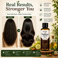 Hamayel's VitaGrow Hair Oil bottle shown on a styled beige background with before-and-after hair texture comparisons, green leaves, almonds, and a glass bottle of oil. Text highlights benefits like reduced hair fall, thicker hair, natural shine, and healthy growth.