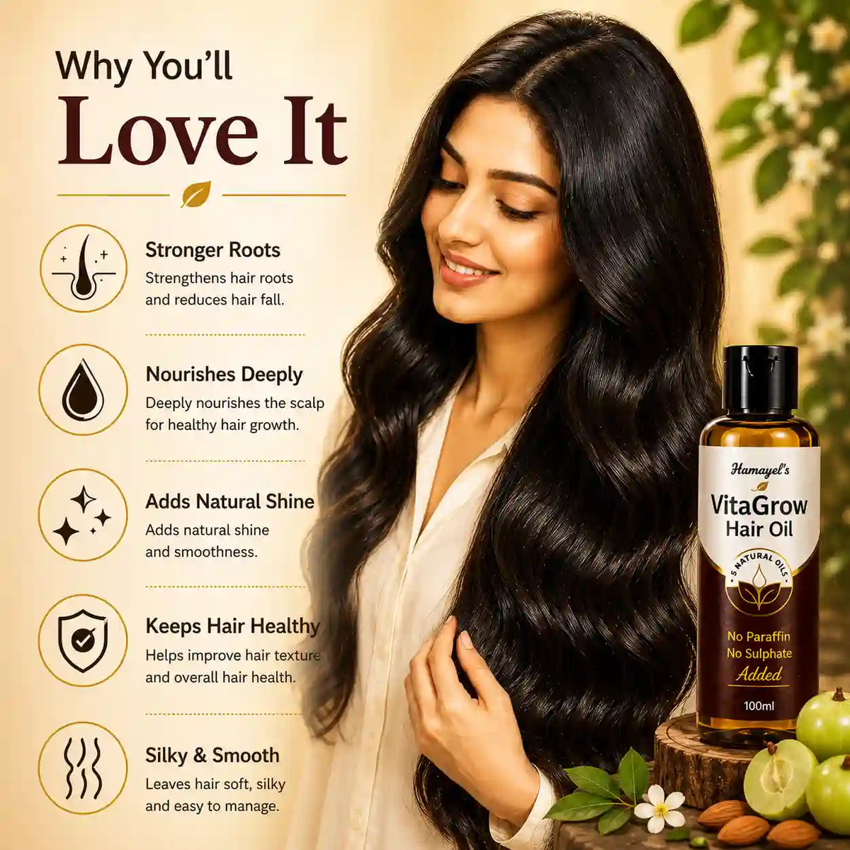 A woman with long, glossy, dark brown hair is shown beside a bottle of Hamayel's VitaGrow Hair Oil on a wooden surface. The left side features marketing text reading 'Why You'll Love It' with icons for stronger roots, deep nourishment, natural shine, hair health, and silky smoothness.