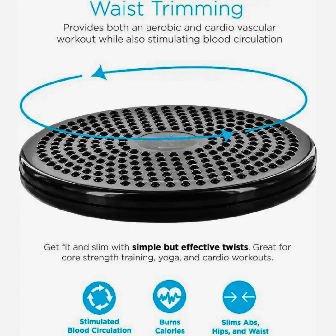 Tummy twister Black waist trimmer with text and its effects like stimulated blood circulation , burns calories, slims abs ,hips , and waiste on a white background