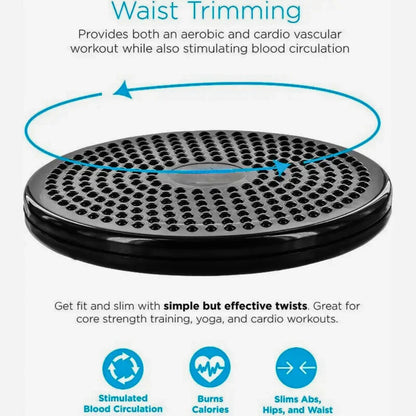 Tummy twister Black waist trimmer with text and its effects like stimulated blood circulation , burns calories, slims abs ,hips , and waiste on a white background