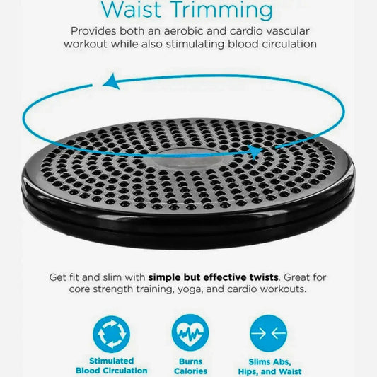 Tummy twister Black waist trimmer with text and its effects like stimulated blood circulation , burns calories, slims abs ,hips , and waiste on a white background